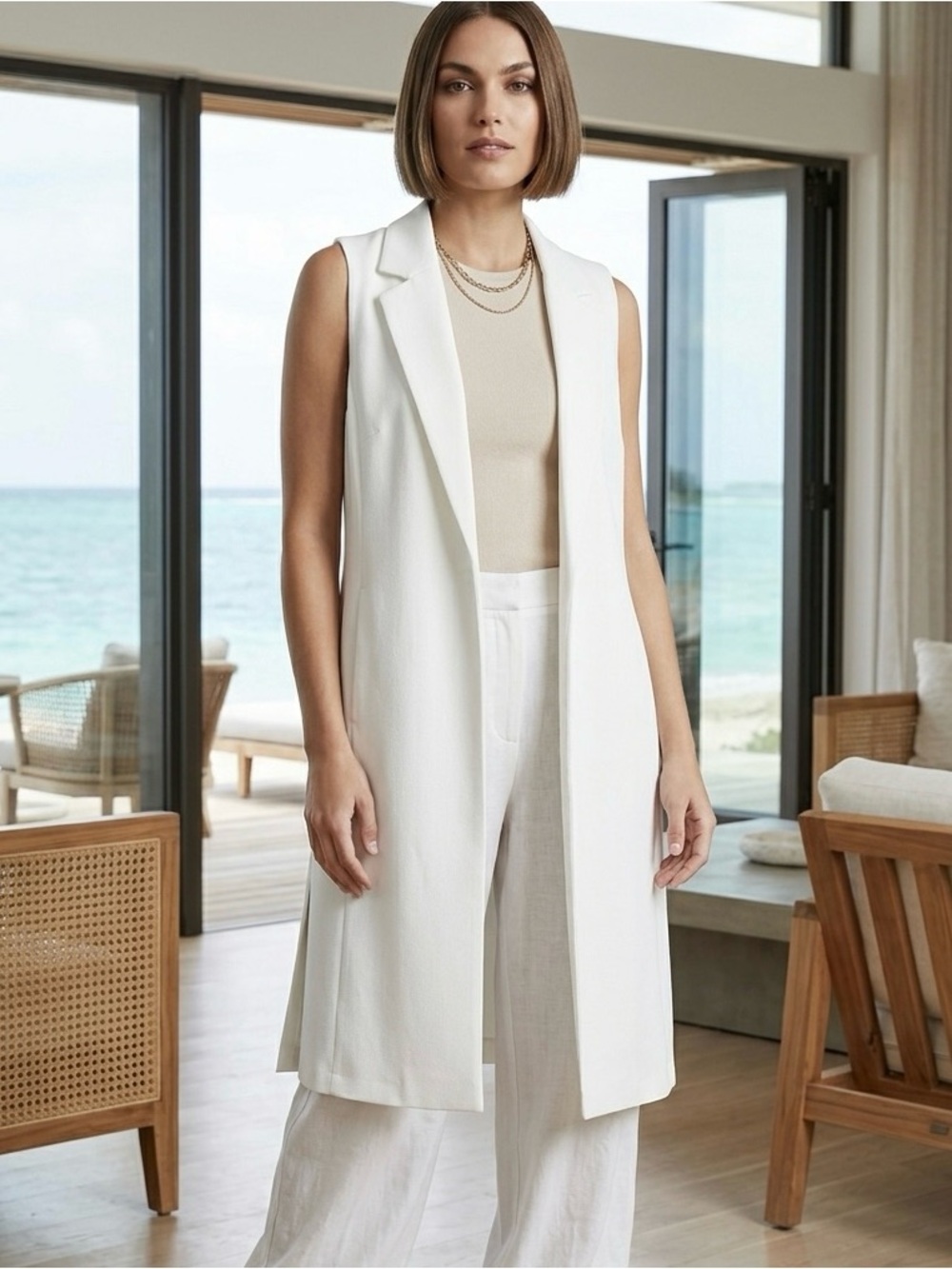 J.Jill Linen Blend Long White Longline Vest NWT Women’s L Minimalist